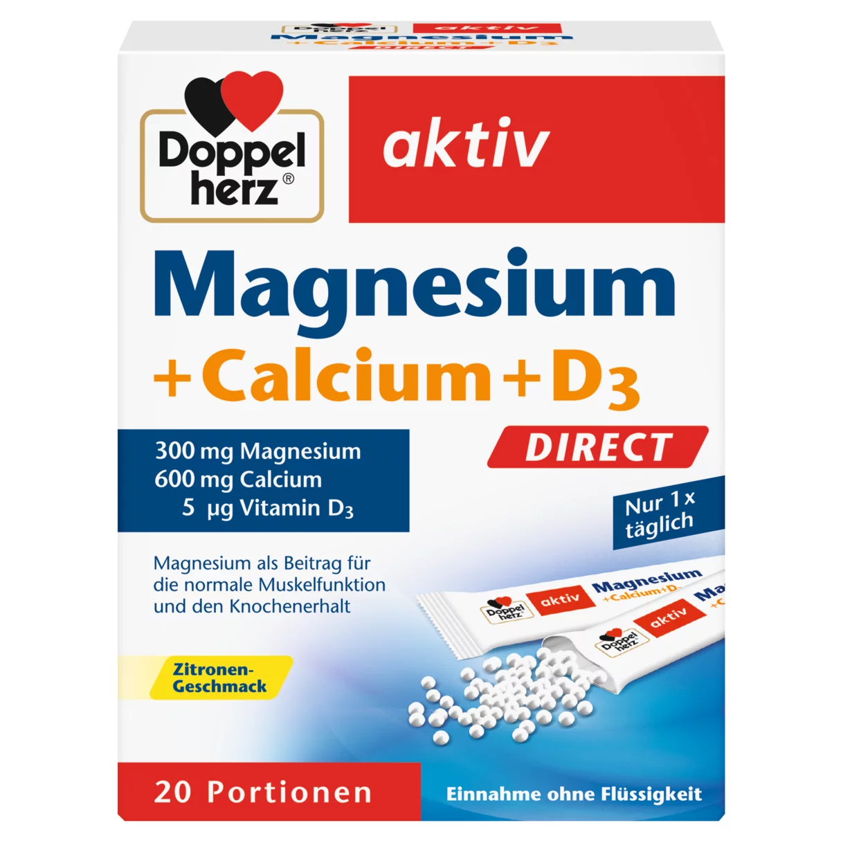Abbildung der Produktverpackung Doppelherz aktiv Magnesium + Calcium + D3 DIRECT Frontansicht